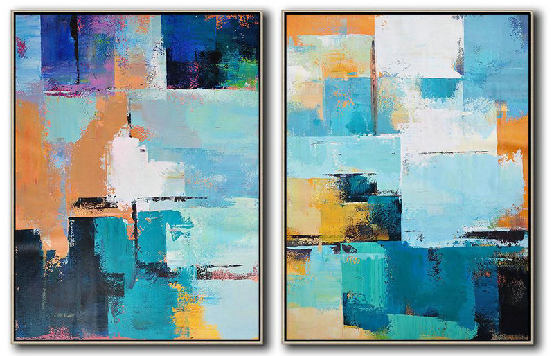 Extra Large 72" Acrylic Painting,Set Of 2 Contemporary Art On Canvas,Size Extra Large Abstract Art,White,Dark Blue,Earthy Yellow,Black.etc